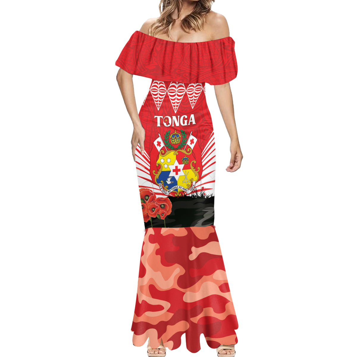 Tonga ANZAC Day Mermaid Dress Camouflage With Poppies Lest We Forget LT14 - Polynesian Pride