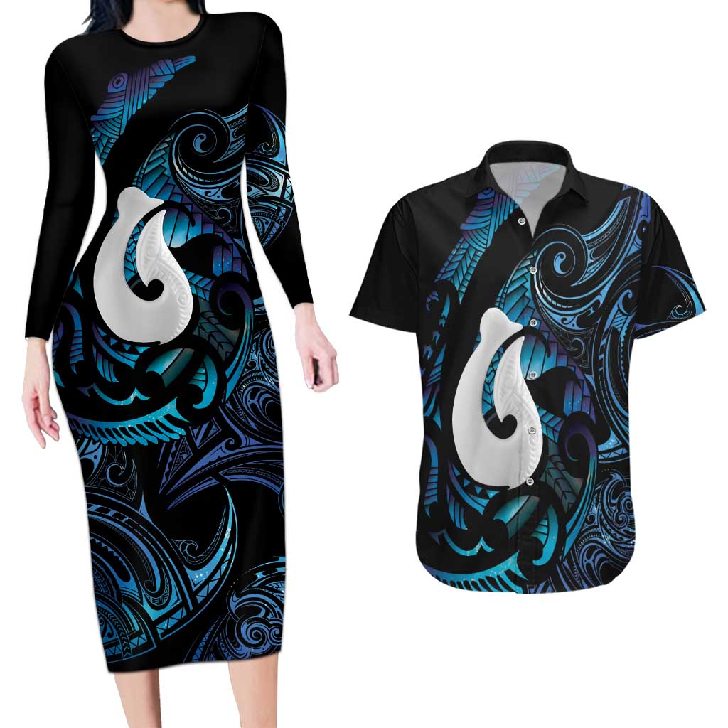 Hei Matau New Zealand Matariki Couples Matching Long Sleeve Bodycon Dress and Hawaiian Shirt NZ Fish Hook Maori Art LT14 Purple - Polynesian Pride