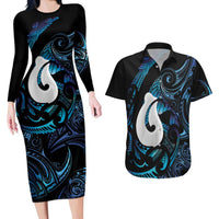 Hei Matau New Zealand Matariki Couples Matching Long Sleeve Bodycon Dress and Hawaiian Shirt NZ Fish Hook Maori Art LT14 Purple - Polynesian Pride