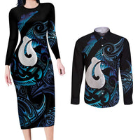 Hei Matau New Zealand Matariki Couples Matching Long Sleeve Bodycon Dress and Long Sleeve Button Shirt NZ Fish Hook Maori Art LT14 Purple - Polynesian Pride