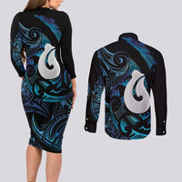 Hei Matau New Zealand Matariki Couples Matching Long Sleeve Bodycon Dress and Long Sleeve Button Shirt NZ Fish Hook Maori Art LT14 - Polynesian Pride
