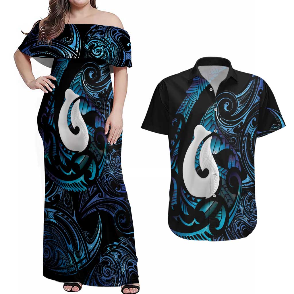Hei Matau New Zealand Matariki Couples Matching Off Shoulder Maxi Dress and Hawaiian Shirt NZ Fish Hook Maori Art