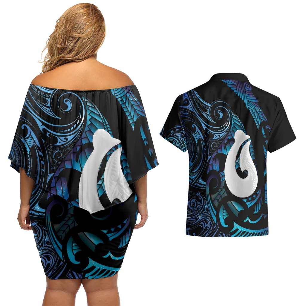 Hei Matau New Zealand Matariki Couples Matching Off Shoulder Short Dress and Hawaiian Shirt NZ Fish Hook Maori Art LT14 - Polynesian Pride