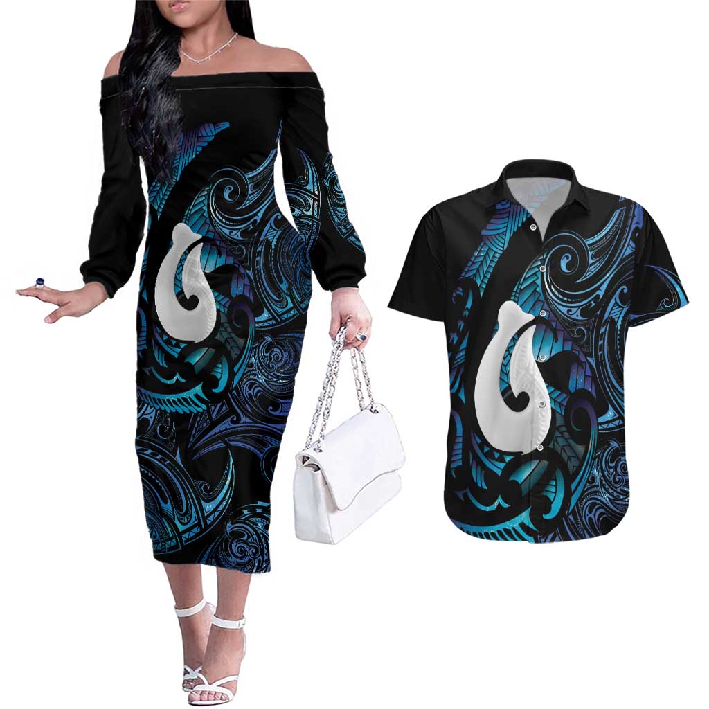 Hei Matau New Zealand Matariki Couples Matching Off The Shoulder Long Sleeve Dress and Hawaiian Shirt NZ Fish Hook Maori Art