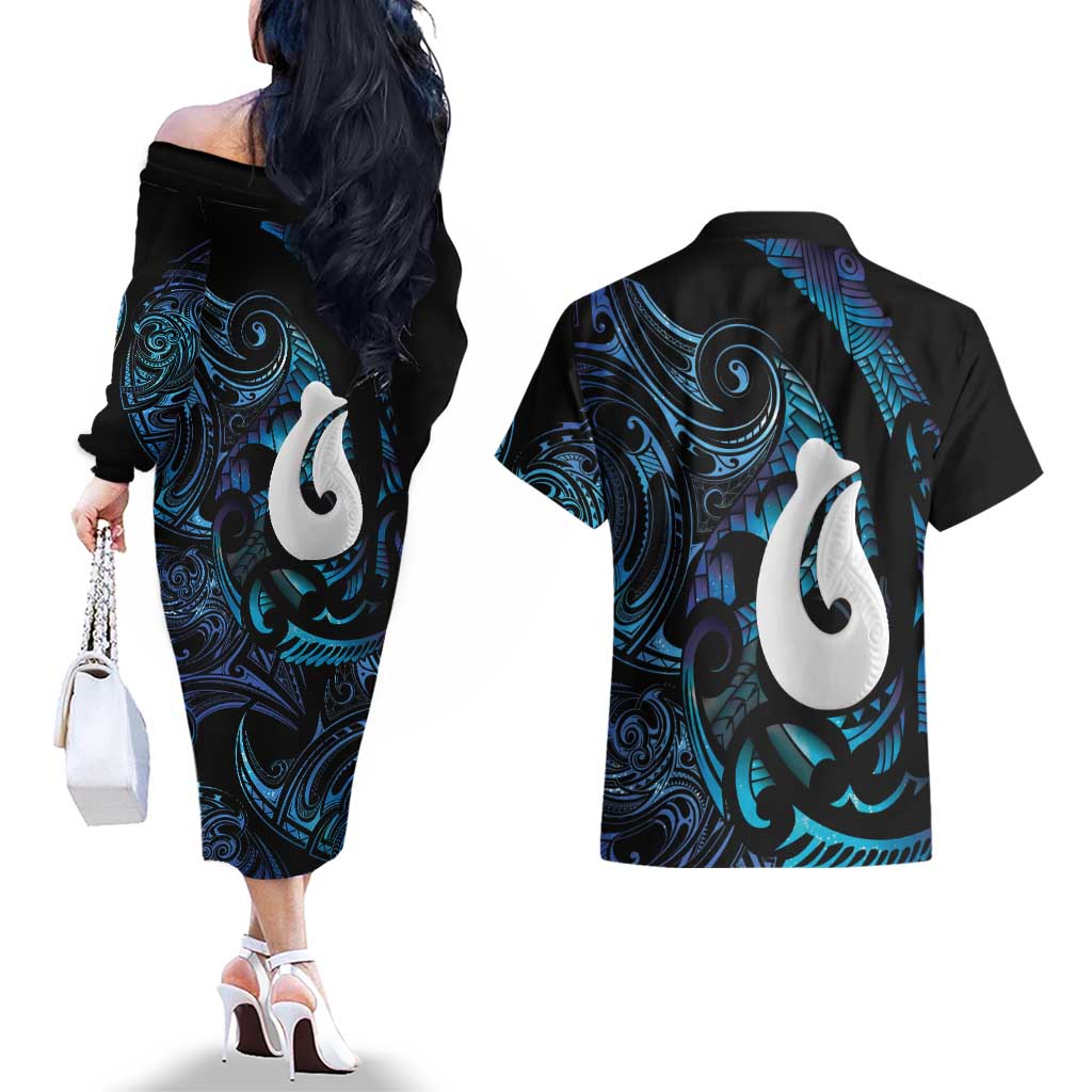 Hei Matau New Zealand Matariki Couples Matching Off The Shoulder Long Sleeve Dress and Hawaiian Shirt NZ Fish Hook Maori Art LT14 - Polynesian Pride