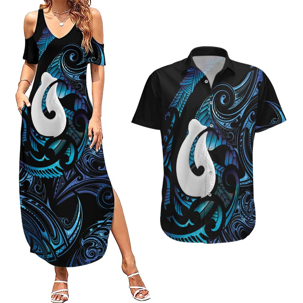 Hei Matau New Zealand Matariki Couples Matching Summer Maxi Dress and Hawaiian Shirt NZ Fish Hook Maori Art