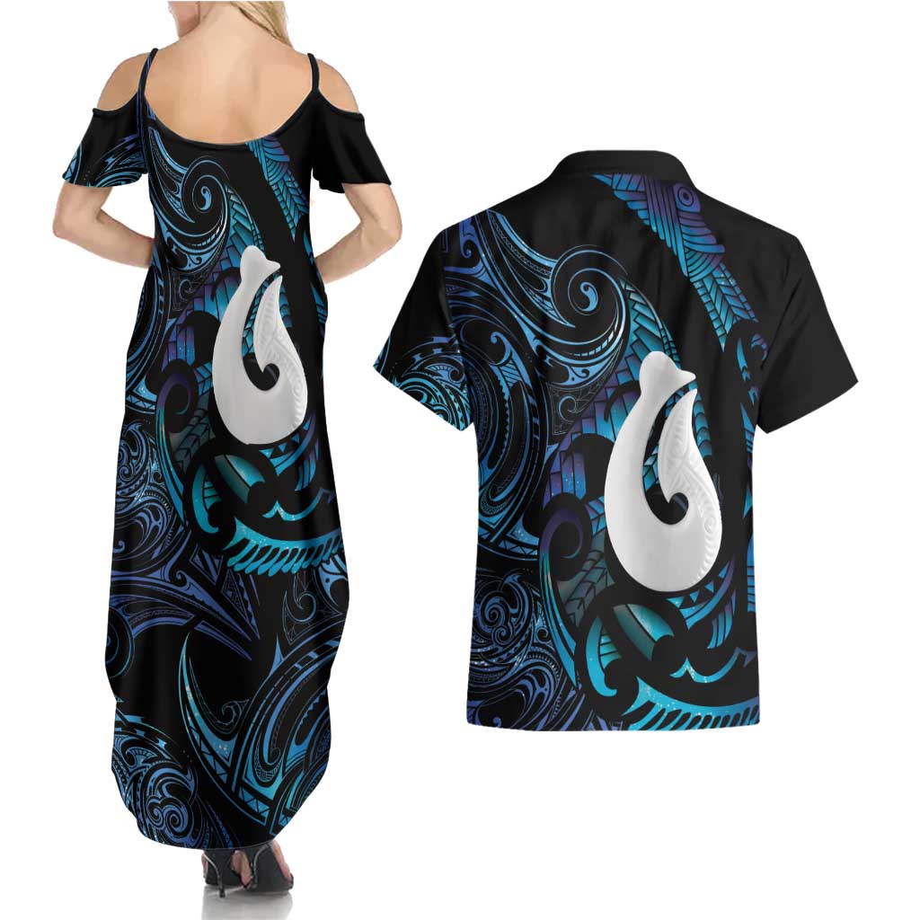 Hei Matau New Zealand Matariki Couples Matching Summer Maxi Dress and Hawaiian Shirt NZ Fish Hook Maori Art LT14 - Polynesian Pride