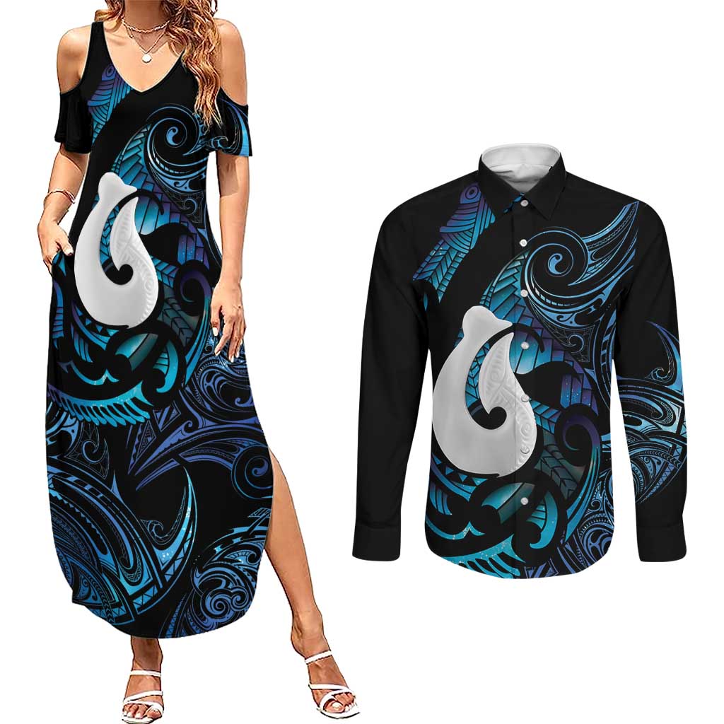 Hei Matau New Zealand Matariki Couples Matching Summer Maxi Dress and Long Sleeve Button Shirt NZ Fish Hook Maori Art