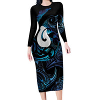 Hei Matau New Zealand Matariki Family Matching Long Sleeve Bodycon Dress and Hawaiian Shirt NZ Fish Hook Maori Art LT14 Mom's Dress Purple - Polynesian Pride