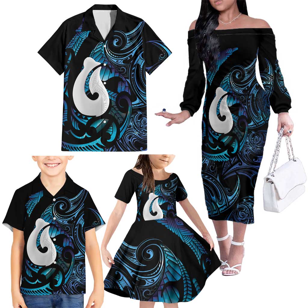 Hei Matau New Zealand Matariki Family Matching Off The Shoulder Long Sleeve Dress and Hawaiian Shirt NZ Fish Hook Maori Art LT14 - Polynesian Pride
