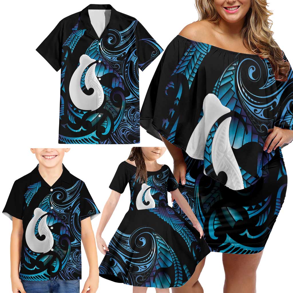 Hei Matau New Zealand Matariki Family Matching Off Shoulder Short Dress and Hawaiian Shirt NZ Fish Hook Maori Art LT14 - Polynesian Pride