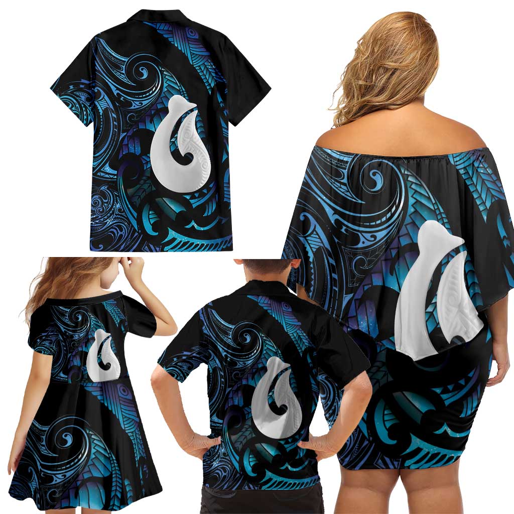 Hei Matau New Zealand Matariki Family Matching Off Shoulder Short Dress and Hawaiian Shirt NZ Fish Hook Maori Art LT14 - Polynesian Pride