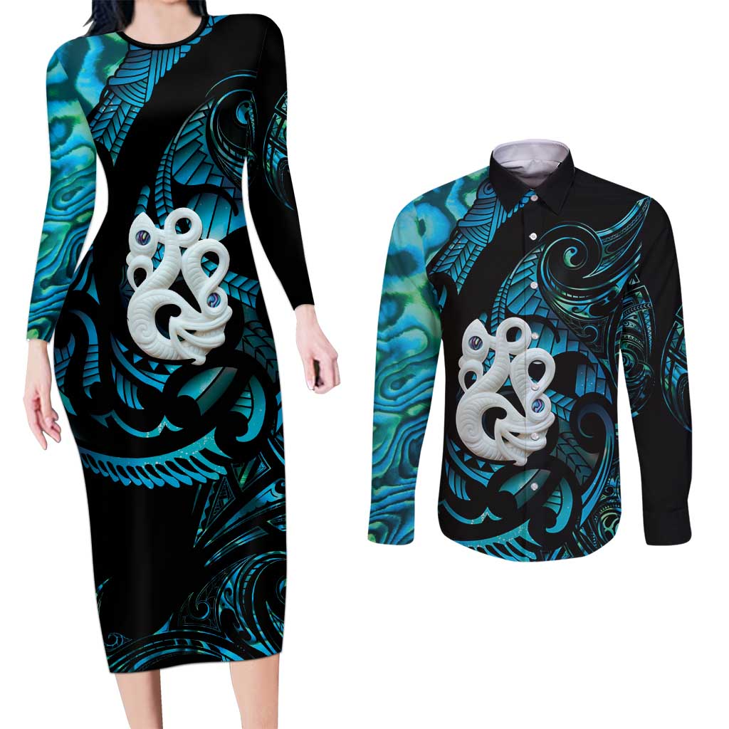 Manaia New Zealand Matariki Couples Matching Long Sleeve Bodycon Dress and Long Sleeve Button Shirt NZ Paua Shell Maori Art LT14 Turquoise - Polynesian Pride