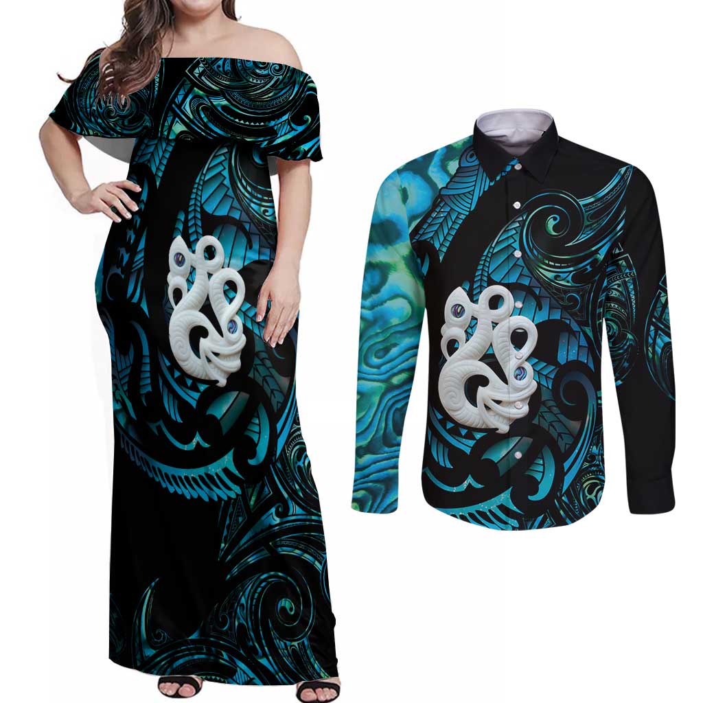 Manaia New Zealand Matariki Couples Matching Off Shoulder Maxi Dress and Long Sleeve Button Shirt NZ Paua Shell Maori Art