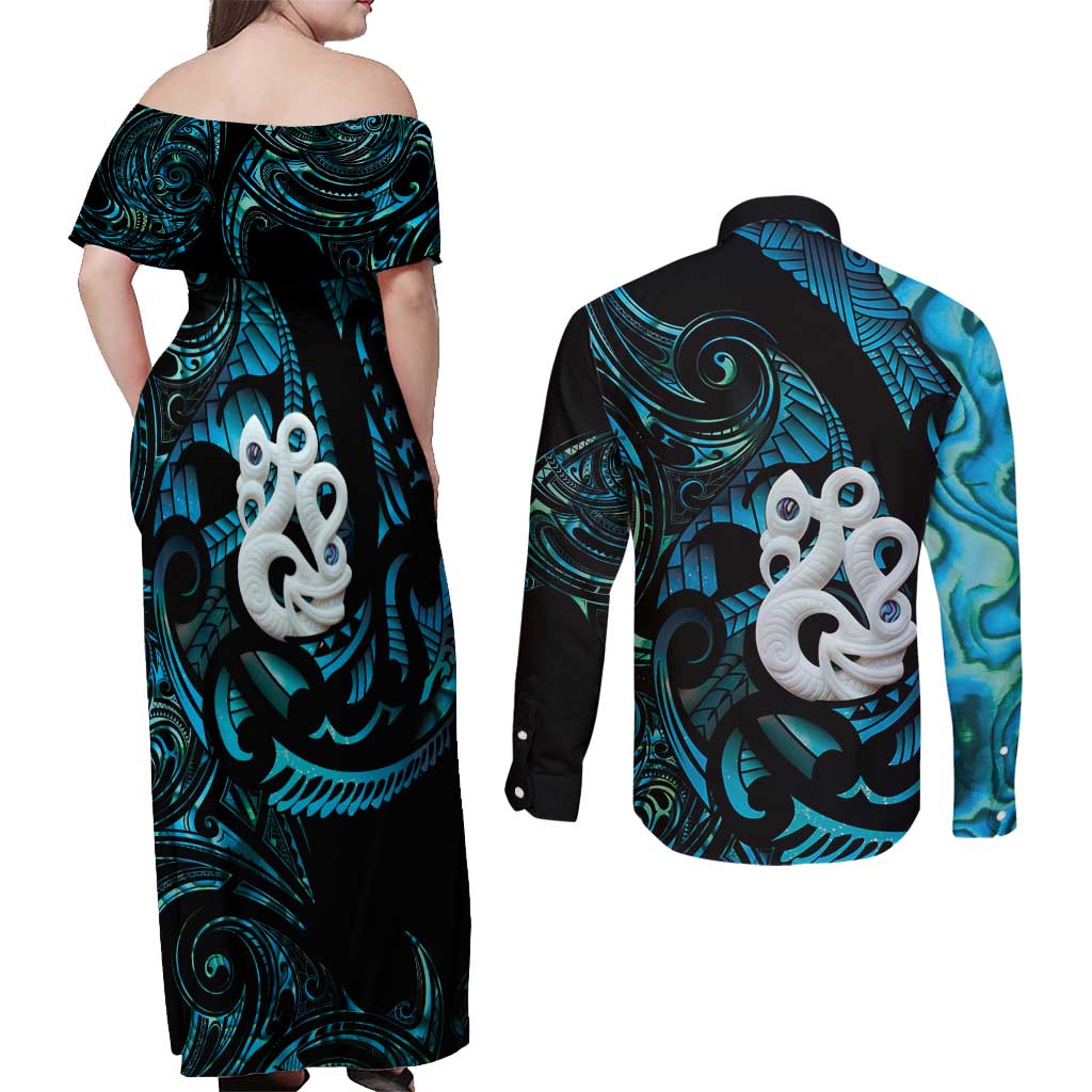 Manaia New Zealand Matariki Couples Matching Off Shoulder Maxi Dress and Long Sleeve Button Shirt NZ Paua Shell Maori Art