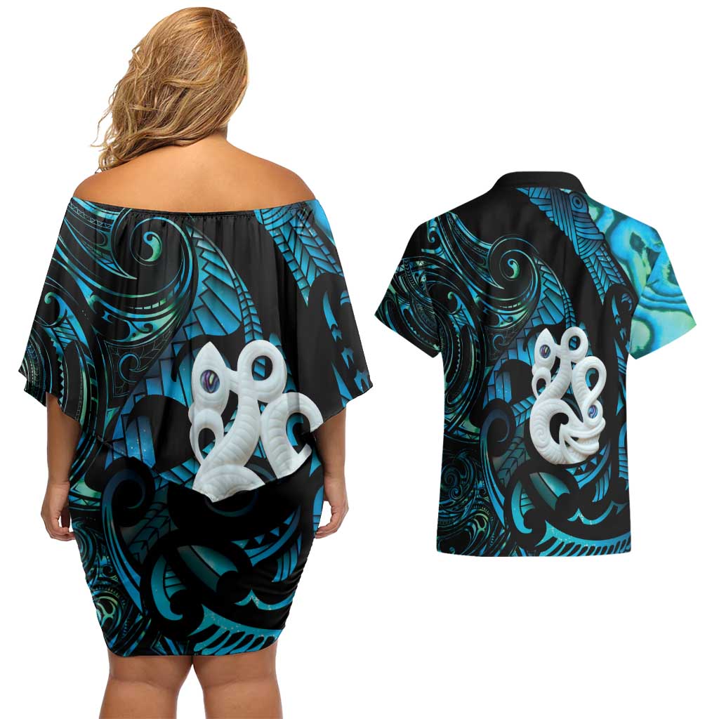 Manaia New Zealand Matariki Couples Matching Off Shoulder Short Dress and Hawaiian Shirt NZ Paua Shell Maori Art LT14 - Polynesian Pride