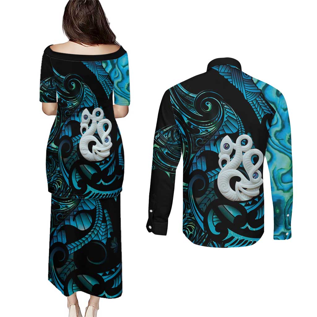 Manaia New Zealand Matariki Couples Matching Puletasi and Long Sleeve Button Shirt NZ Paua Shell Maori Art