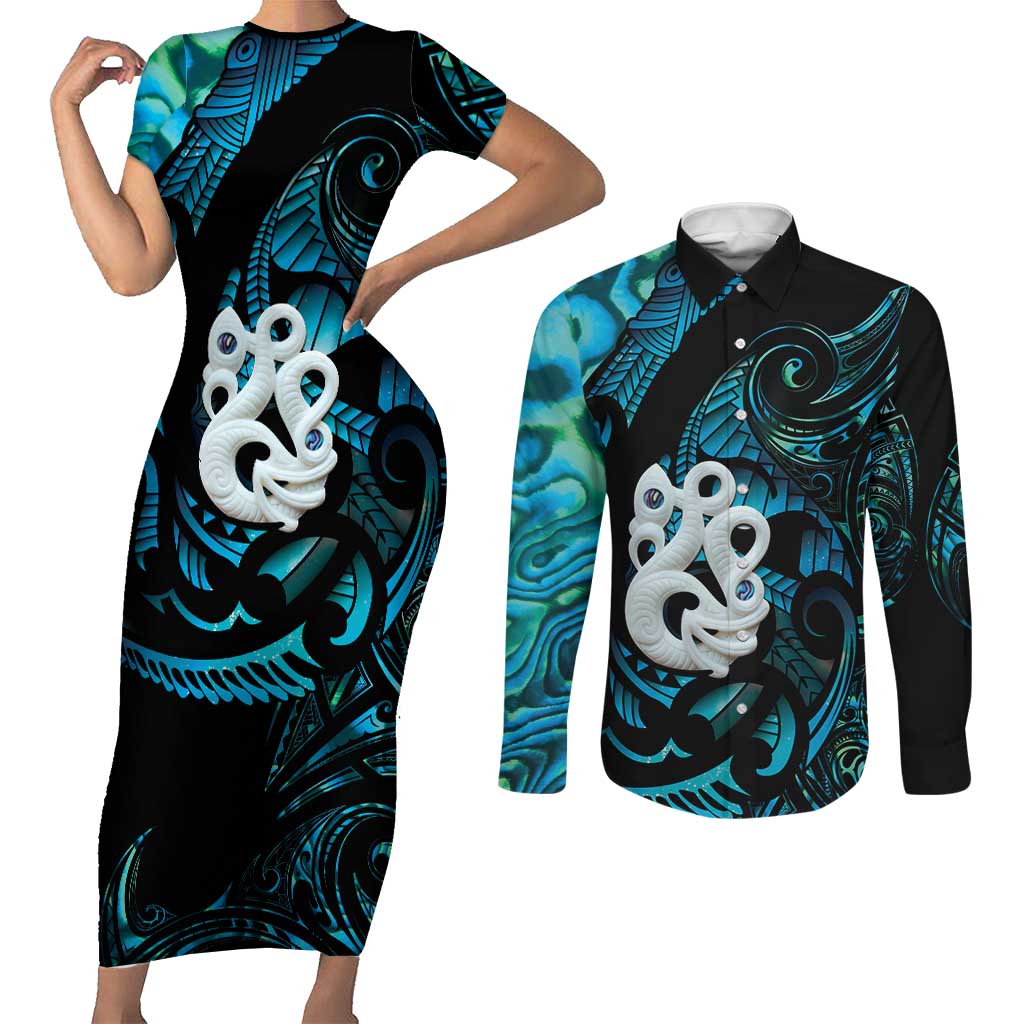 Manaia New Zealand Matariki Couples Matching Short Sleeve Bodycon Dress and Long Sleeve Button Shirt NZ Paua Shell Maori Art
