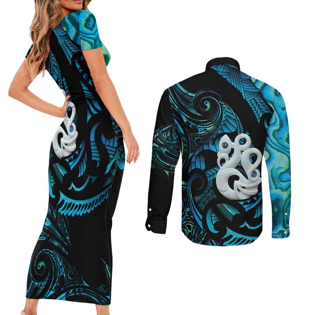 Manaia New Zealand Matariki Couples Matching Short Sleeve Bodycon Dress and Long Sleeve Button Shirt NZ Paua Shell Maori Art LT14 - Polynesian Pride