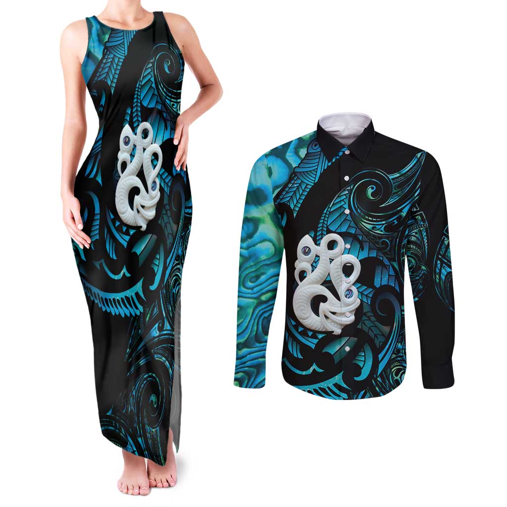 Manaia New Zealand Matariki Couples Matching Tank Maxi Dress and Long Sleeve Button Shirt NZ Paua Shell Maori Art