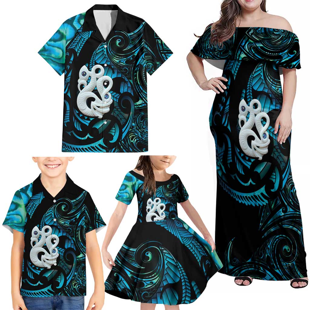 Manaia New Zealand Matariki Family Matching Off Shoulder Maxi Dress and Hawaiian Shirt NZ Paua Shell Maori Art LT14 - Polynesian Pride