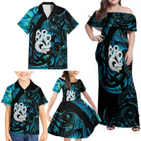 Manaia New Zealand Matariki Family Matching Off Shoulder Maxi Dress and Hawaiian Shirt NZ Paua Shell Maori Art LT14 - Polynesian Pride