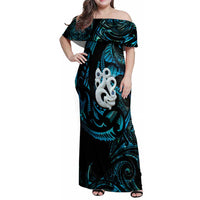 Manaia New Zealand Matariki Family Matching Off Shoulder Maxi Dress and Hawaiian Shirt NZ Paua Shell Maori Art LT14 Mom's Dress Turquoise - Polynesian Pride