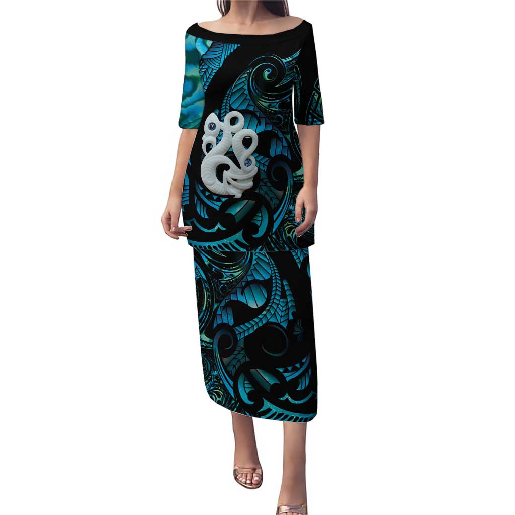 Manaia New Zealand Matariki Family Matching Puletasi and Hawaiian Shirt NZ Paua Shell Maori Art LT14 Mom's Dress Turquoise - Polynesian Pride