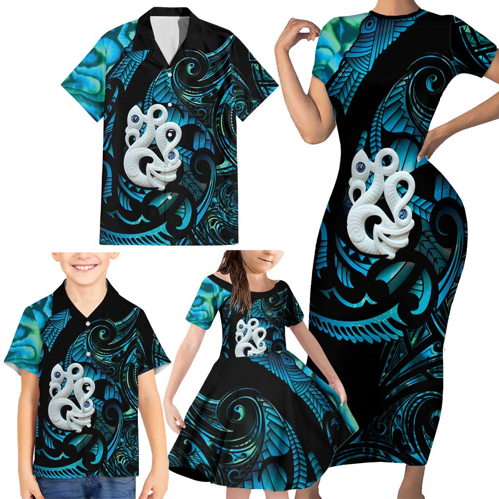 Manaia New Zealand Matariki Family Matching Short Sleeve Bodycon Dress and Hawaiian Shirt NZ Paua Shell Maori Art LT14 - Polynesian Pride