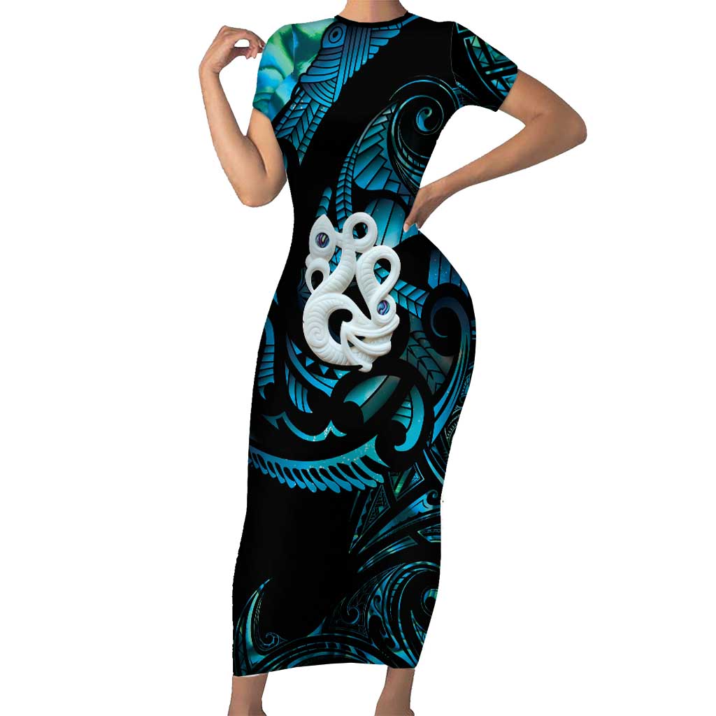 Manaia New Zealand Matariki Family Matching Short Sleeve Bodycon Dress and Hawaiian Shirt NZ Paua Shell Maori Art LT14 Mom's Dress Turquoise - Polynesian Pride