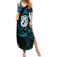 Manaia New Zealand Matariki Family Matching Summer Maxi Dress and Hawaiian Shirt NZ Paua Shell Maori Art LT14 Mom's Dress Turquoise - Polynesian Pride