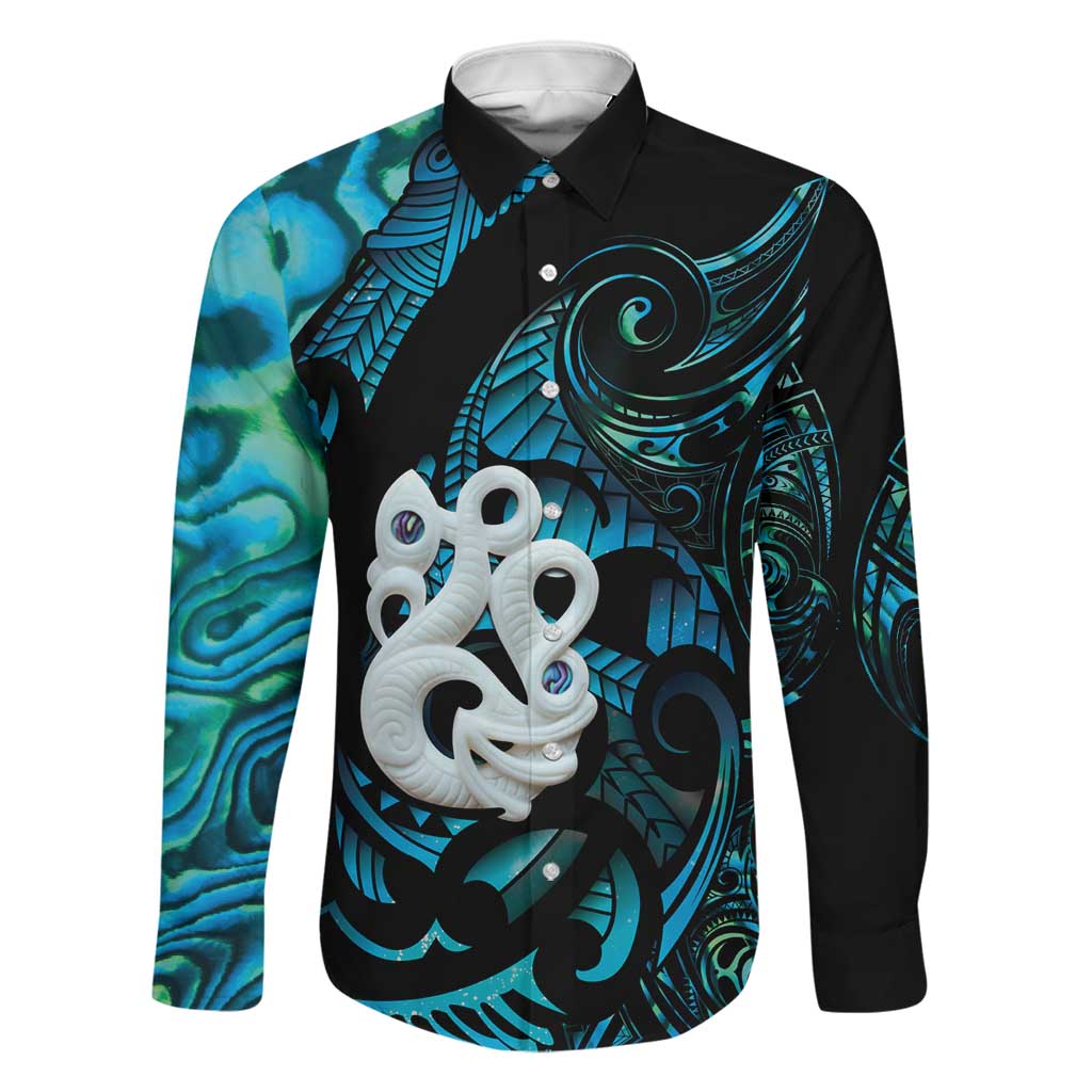 Manaia New Zealand Matariki Family Matching Tank Maxi Dress and Hawaiian Shirt NZ Paua Shell Maori Art LT14 Dad's Shirt - Long Sleeve Turquoise - Polynesian Pride