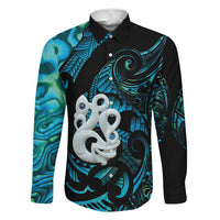 Manaia New Zealand Matariki Family Matching Tank Maxi Dress and Hawaiian Shirt NZ Paua Shell Maori Art LT14 Dad's Shirt - Long Sleeve Turquoise - Polynesian Pride