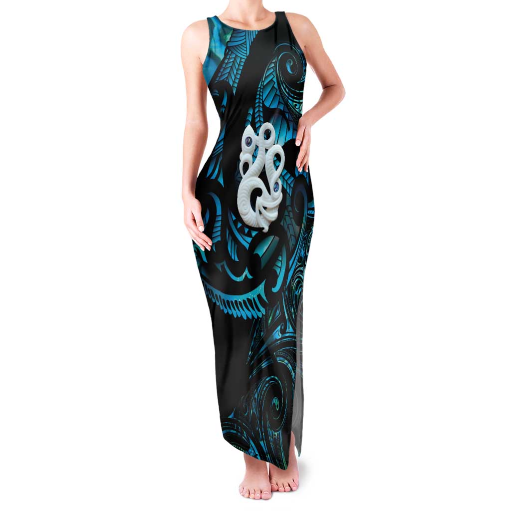 Manaia New Zealand Matariki Family Matching Tank Maxi Dress and Hawaiian Shirt NZ Paua Shell Maori Art LT14 Mom's Dress Turquoise - Polynesian Pride
