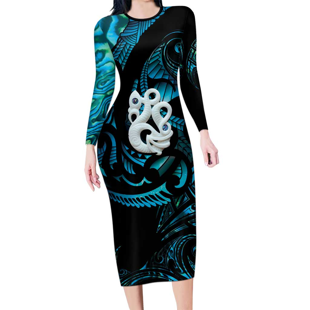 Manaia New Zealand Matariki Long Sleeve Bodycon Dress NZ Paua Shell Maori Art