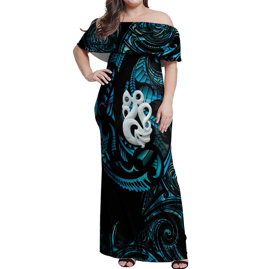 Manaia New Zealand Matariki Off Shoulder Maxi Dress NZ Paua Shell Maori Art