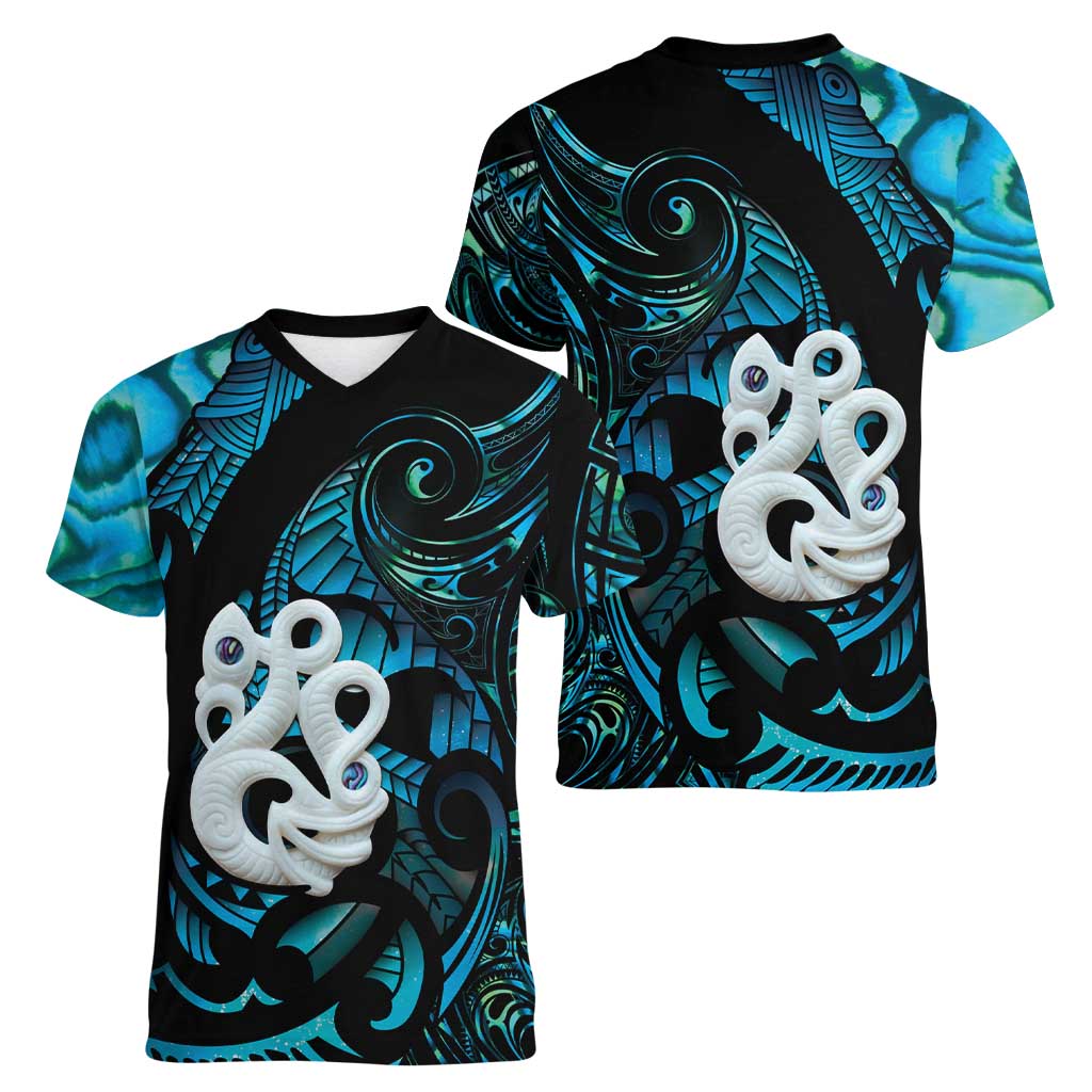 Manaia New Zealand Matariki Women V-Neck T-Shirt NZ Paua Shell Maori Art