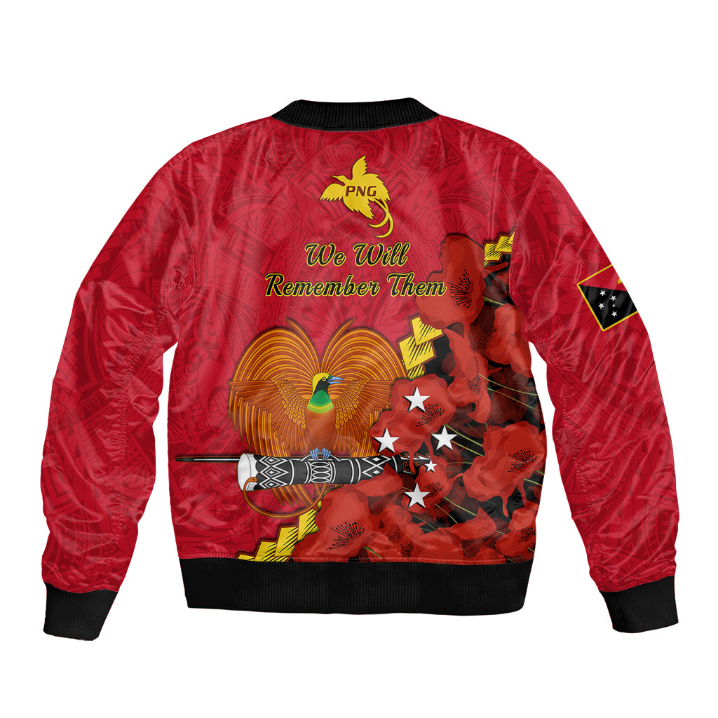 Polynesian Pride Remembrance Day PNG Sleeve Zip Bomber Jacket Papua New Guinea We Will Remember Them LT14 - Polynesian Pride