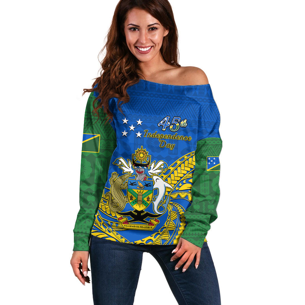 Personalised Independence Day Solomon Islands Off Shoulder Sweater Happy 45th Anniversary LT14 Women Blue - Polynesian Pride