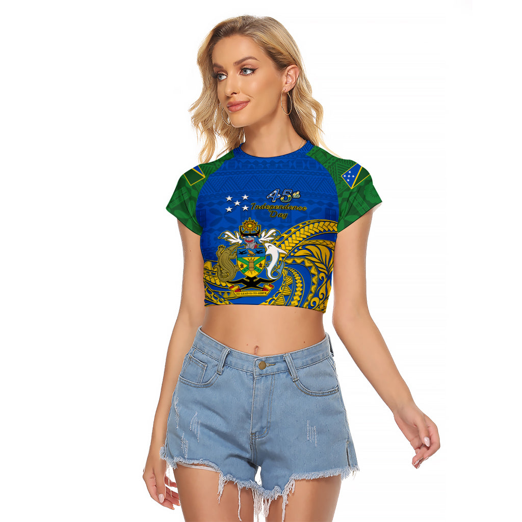 Personalised Independence Day Solomon Islands Raglan Cropped T Shirt Happy 45th Anniversary LT14 Female Blue - Polynesian Pride