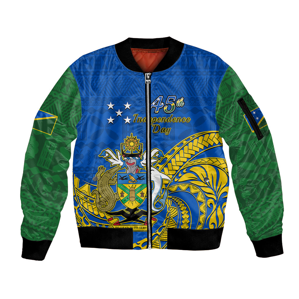 Personalised Independence Day Solomon Islands Sleeve Zip Bomber Jacket Happy 45th Anniversary LT14 Unisex Blue - Polynesian Pride