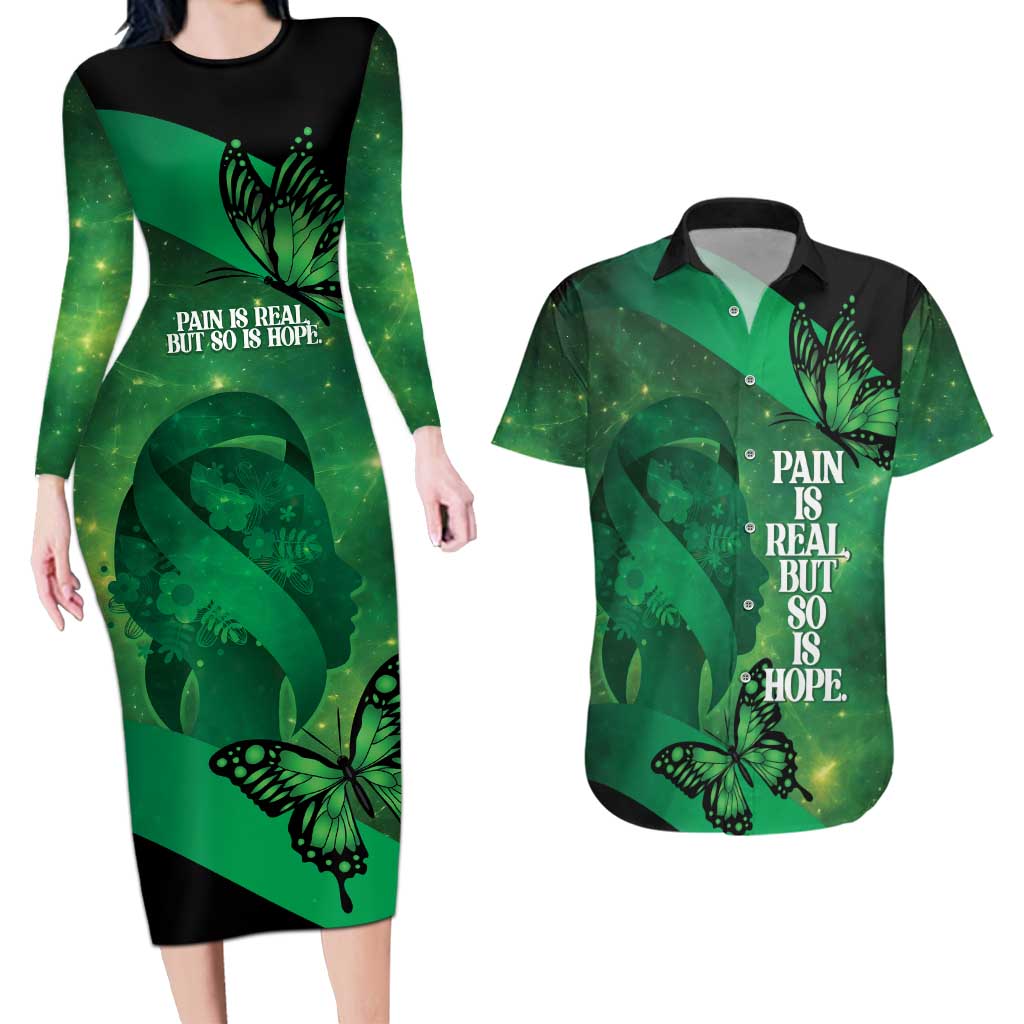 Personalised World Mental Health Awareness Month Couples Matching Long Sleeve Bodycon Dress and Hawaiian Shirt Warriors Brave Strong Galaxy Vibes LT14 Green - Polynesian Pride