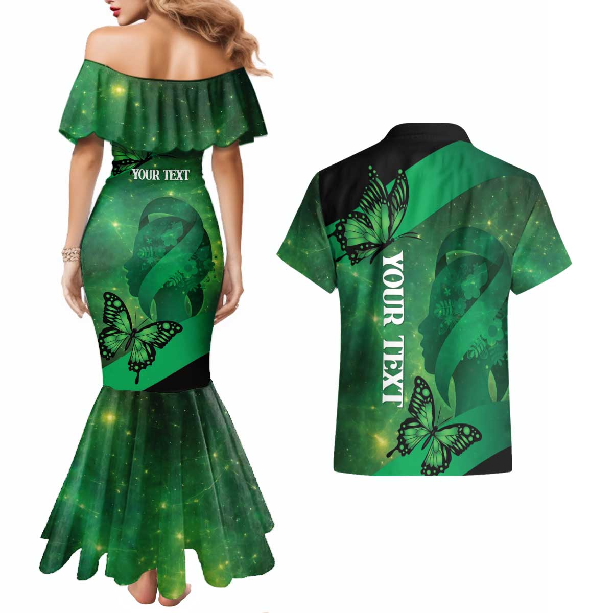 Personalised World Mental Health Awareness Month Couples Matching Mermaid Dress and Hawaiian Shirt Warriors Brave Strong Galaxy Vibes LT14 - Polynesian Pride