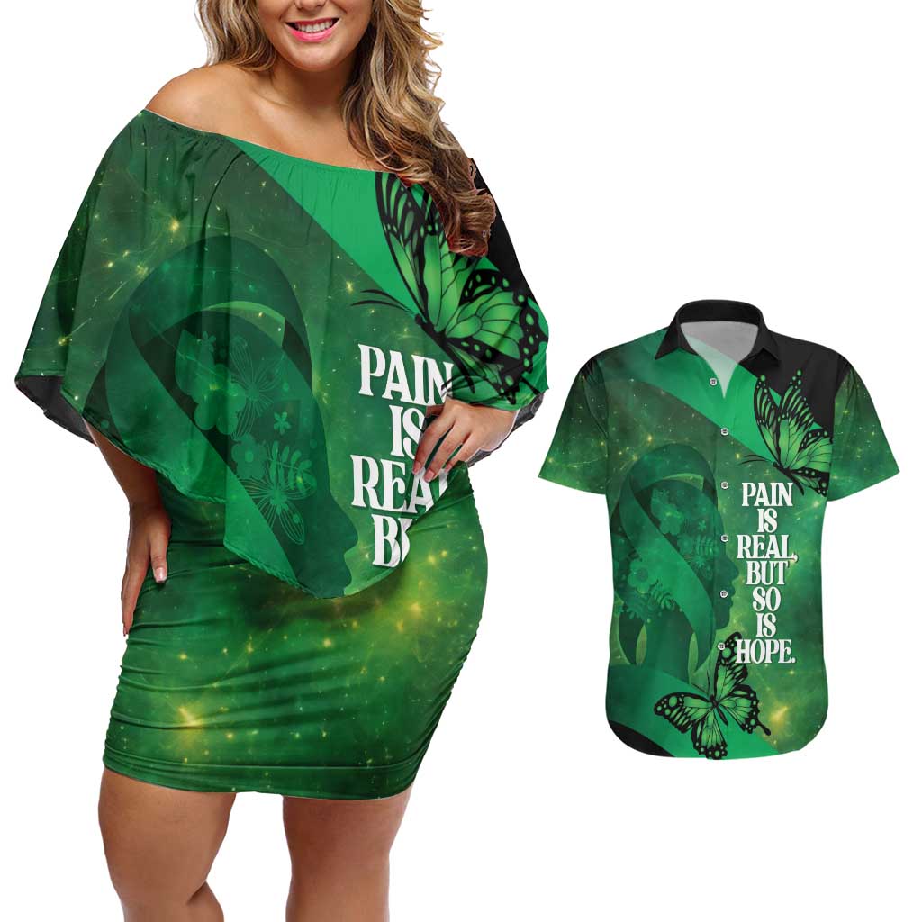 Personalised World Mental Health Awareness Month Couples Matching Off Shoulder Short Dress and Hawaiian Shirt Warriors Brave Strong Galaxy Vibes LT14 Green - Polynesian Pride