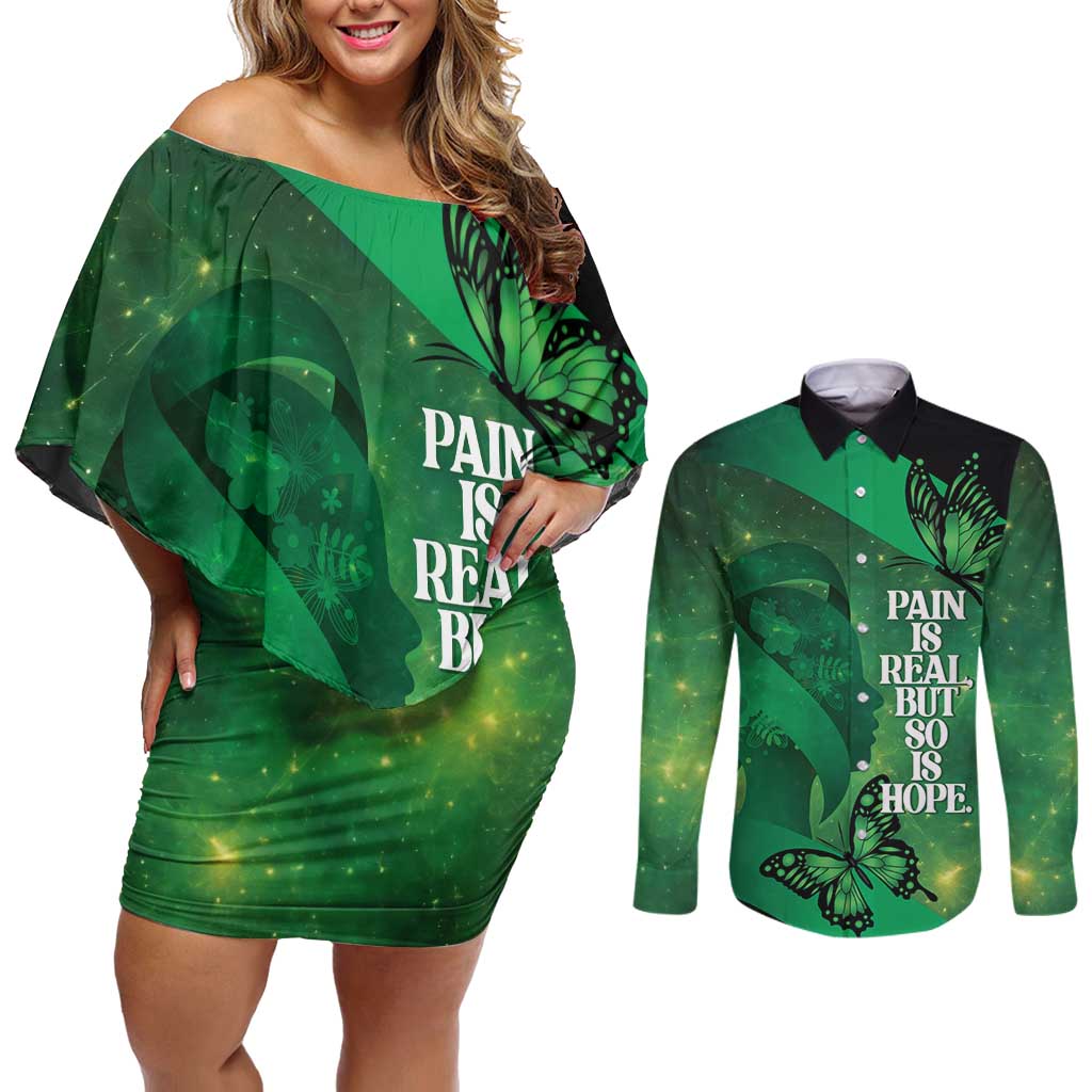 Personalised World Mental Health Awareness Month Couples Matching Off Shoulder Short Dress and Long Sleeve Button Shirt Warriors Brave Strong Galaxy Vibes LT14 Green - Polynesian Pride