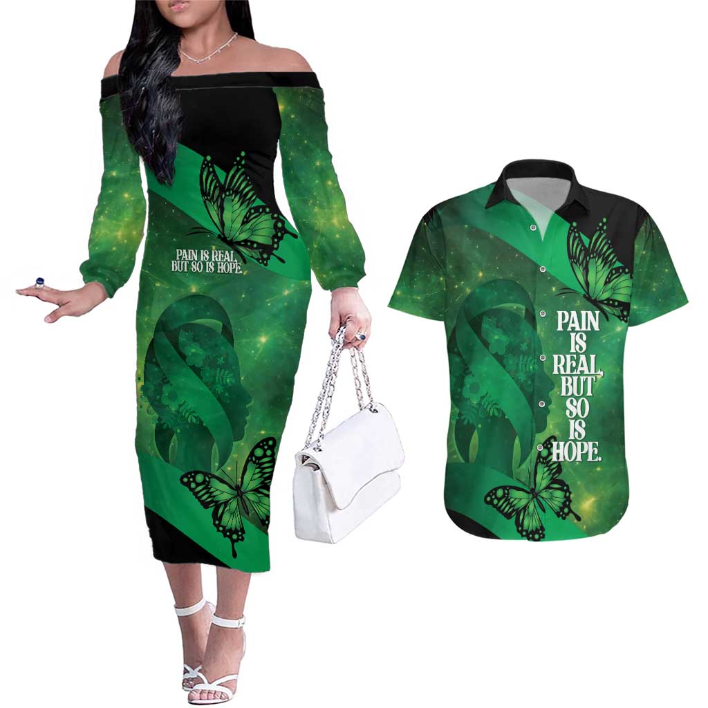 Personalised World Mental Health Awareness Month Couples Matching Off The Shoulder Long Sleeve Dress and Hawaiian Shirt Warriors Brave Strong Galaxy Vibes LT14 Green - Polynesian Pride