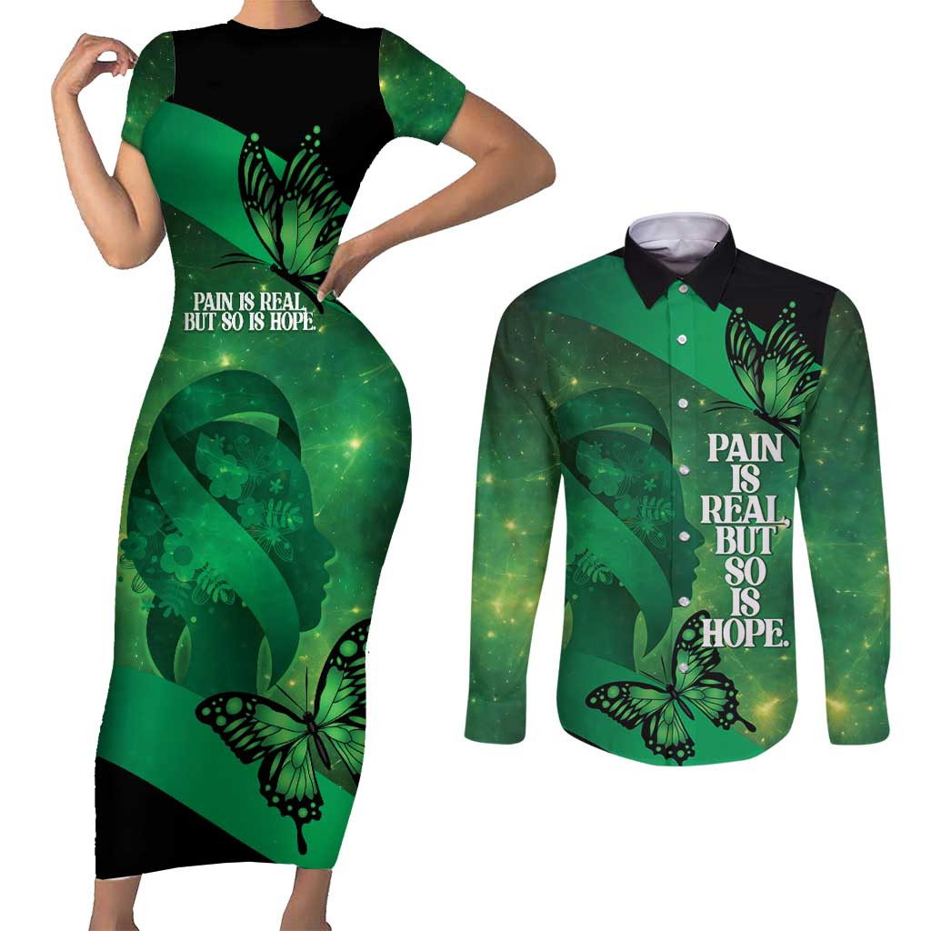Personalised World Mental Health Awareness Month Couples Matching Short Sleeve Bodycon Dress and Long Sleeve Button Shirt Warriors Brave Strong Galaxy Vibes LT14 Green - Polynesian Pride