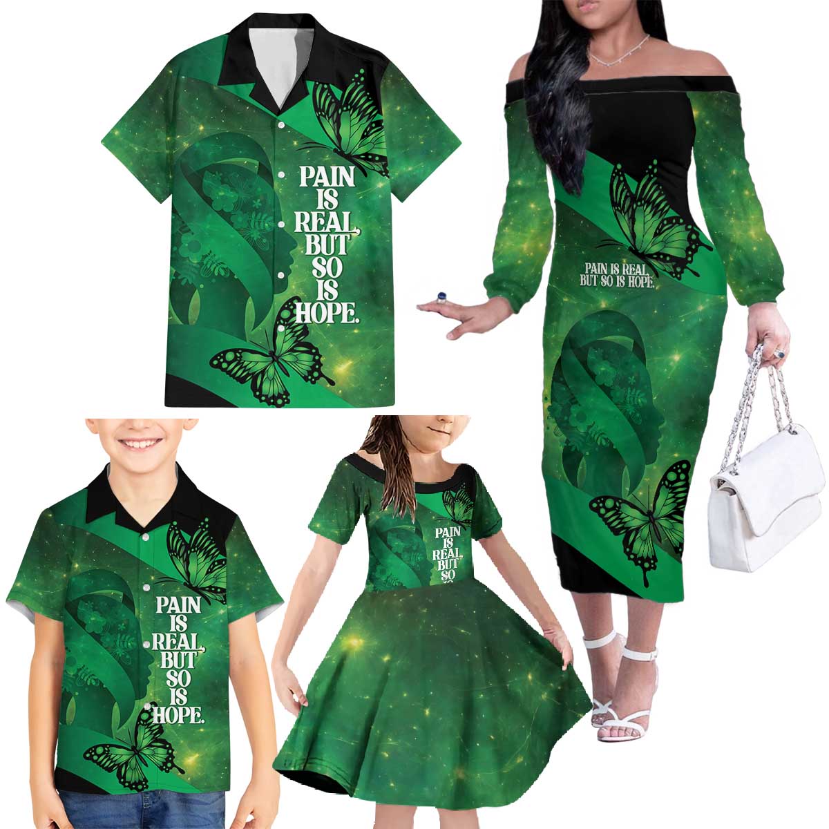 Personalised World Mental Health Awareness Month Family Matching Off The Shoulder Long Sleeve Dress and Hawaiian Shirt Warriors Brave Strong Galaxy Vibes