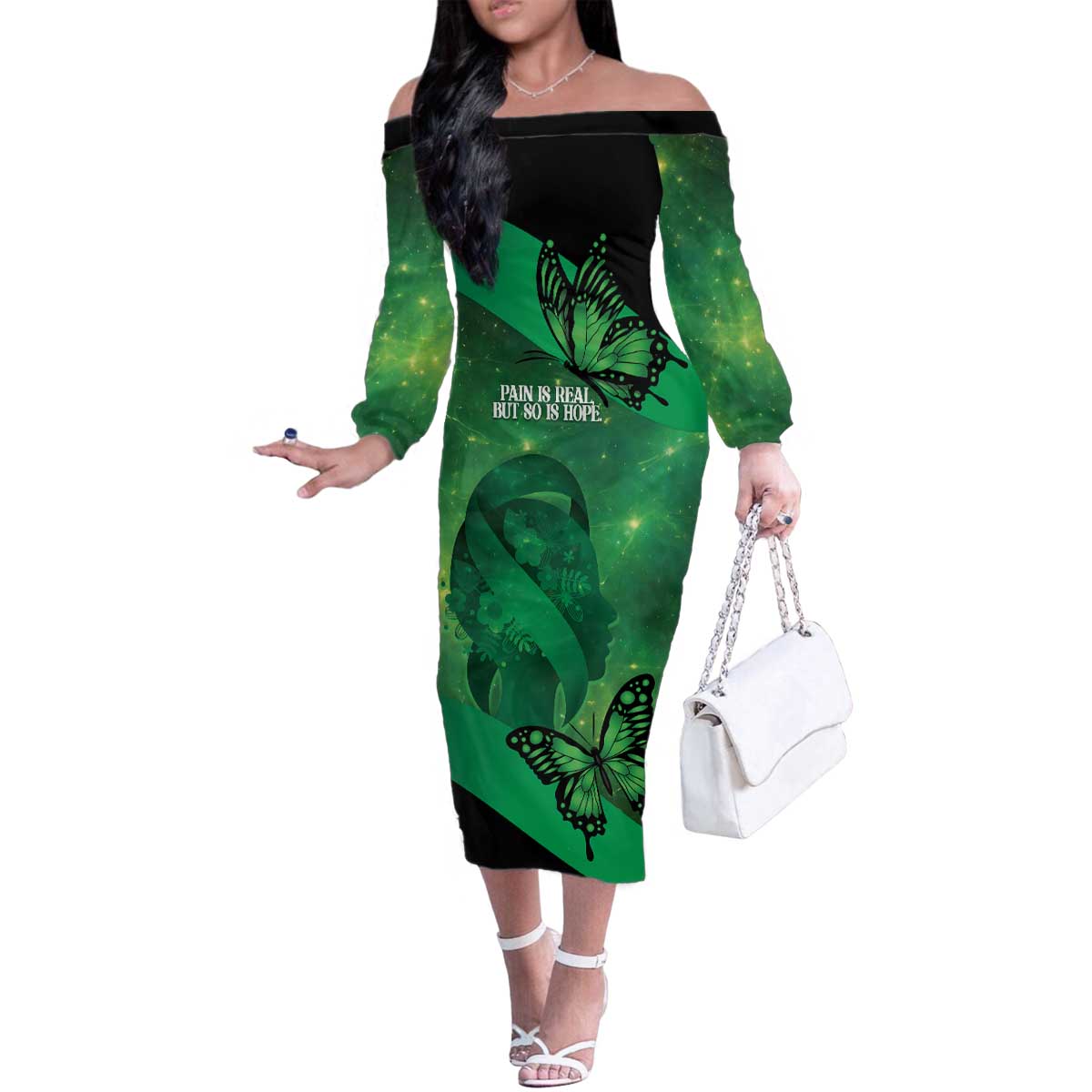Personalised World Mental Health Awareness Month Family Matching Off The Shoulder Long Sleeve Dress and Hawaiian Shirt Warriors Brave Strong Galaxy Vibes LT14 Mom's Dress Green - Polynesian Pride