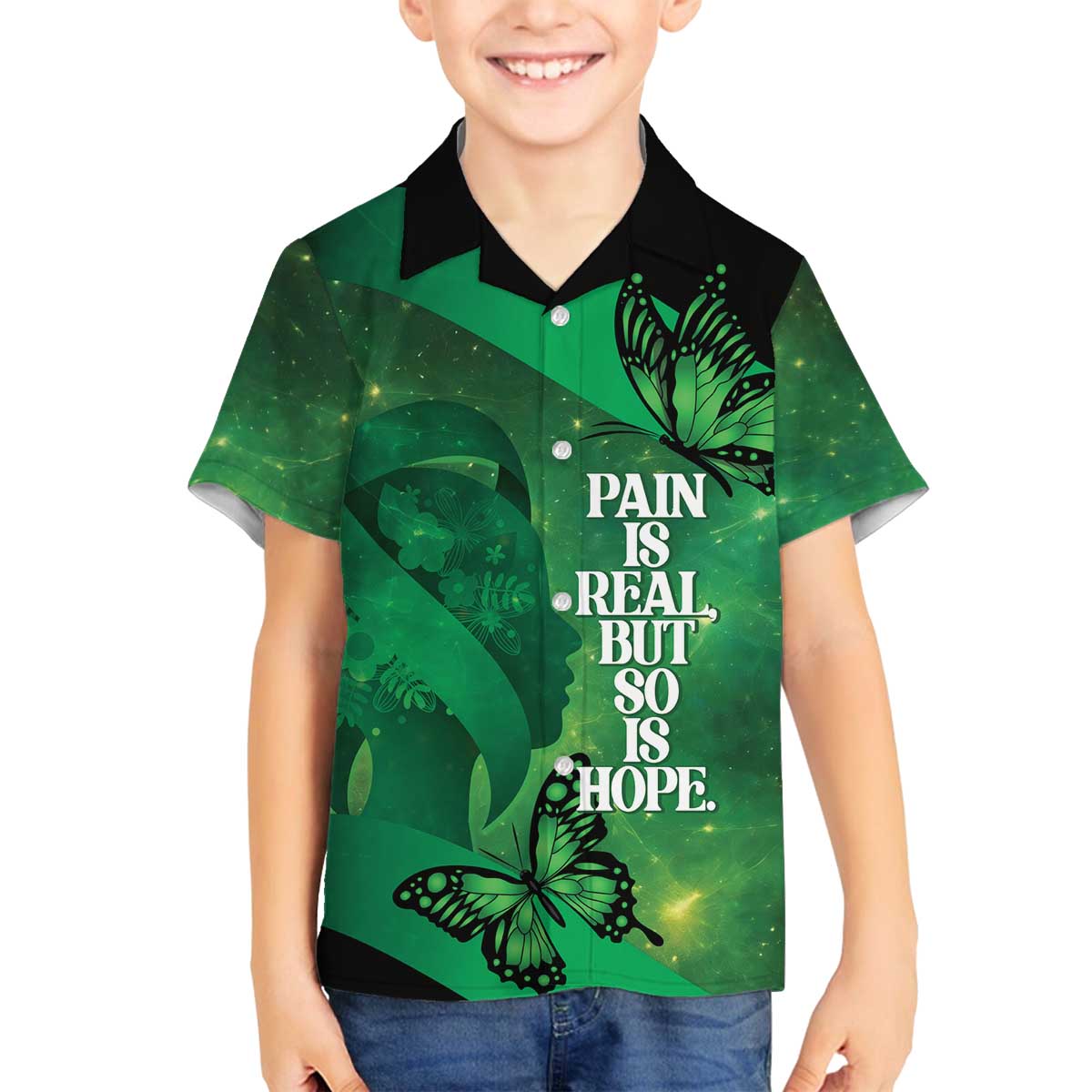 Personalised World Mental Health Awareness Month Family Matching Off The Shoulder Long Sleeve Dress and Hawaiian Shirt Warriors Brave Strong Galaxy Vibes LT14 Son's Shirt Green - Polynesian Pride